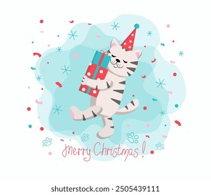 Cat in a cap with gifts in boxes, confetti. Christmas, holiday. New Year. Vector illustration. The background is isolated.