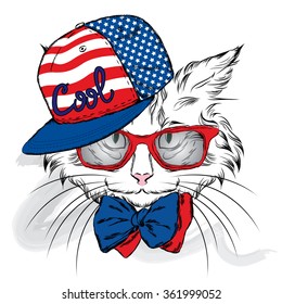 Cat in a cap and glasses. Hipster. Vector illustration for greeting card, poster, or print on clothes.