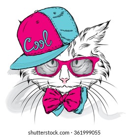  Cat in a cap and glasses. Hipster. Vector illustration for greeting card, poster, or print on clothes.