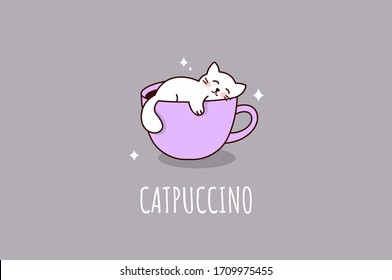 Cat and cappucino cup. Catpuccino. Cute print. Vector