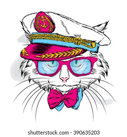 Cat in the captain's cap. Vector illustration. 