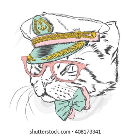 Cat in the captain's cap. Vector illustration.