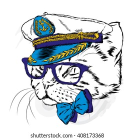 Cat in the captain's cap. Vector illustration.
