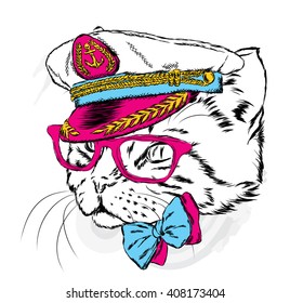 Cat in the captain's cap. Vector illustration.