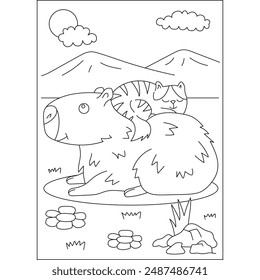 cat capybara chilling coloring book page for kids or grown adults coloring book mindful relaxation activity