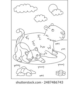 cat capybara chilling coloring book page for ui, ux, web, app, brochure, flyer and presentation design, etc.