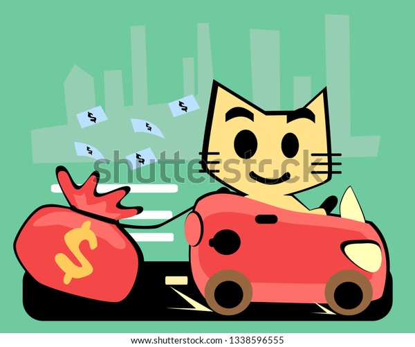 A cat in a car\
and money bag on the road.