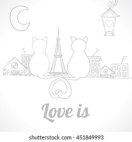 Cat card can be used for holiday cards, wedding invitation, postcard or website banner. Sitting cats bright invitation. Love design. Valentine concept.