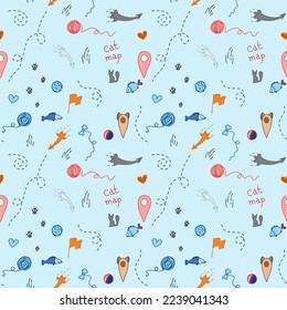 Cat card with special labels: paw prints, guides, fish. Cheerful vector pattern on a blue background.