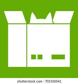 Cat in a cardboard box icon white isolated on green background. Vector illustration