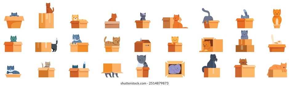 Cat cardboard box icons set. Diverse set of cats enjoying the comfort and security of various cardboard boxes