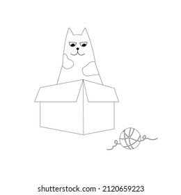 A cat in a cardboard box looks at a ball of yarn. Kitty is inside a cardboard box. Colorful vector illustration, summer coloring book for kids.