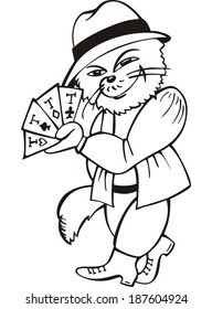 Cat card-sharper. Black and white vector illustration in cartoon style.