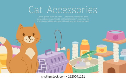 Cat care accessories and food cartoon vector illustration with pet food, stuff carrier, scratching post and pillow object set, items and cat toys. Pet shop poster or banner with typography.