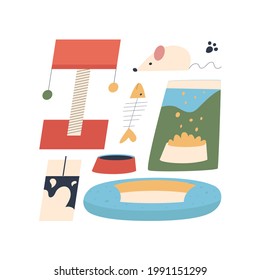 Cat care accessories - house, food, toy. Stylized flat vector illustration