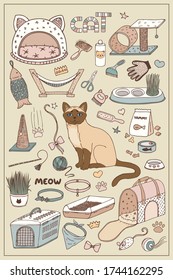 Cat And Care Accessories Set.
 Hand Draw Doodle Vector Graphics.	