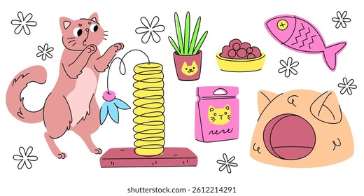Cat care accessories set isolated on white background. Vector cartoon illustration of cute playful kitten, pet shop goods, soft animal house, food package and bowl, scratching post, toy fish for fun