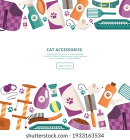 Cat care accessories shop banner design, flat vector illustration on white background. Template of banner for cats care and treatment products selling.