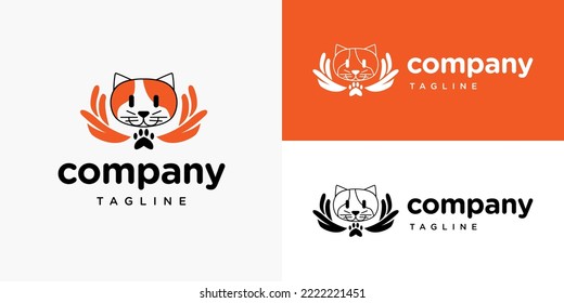 Cat Care Hand Paw Pet Animal Clinic veterinary veterinarian health doctor logo design concept vector template for brand business company
