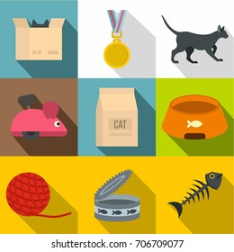 Cat care icon set. Flat style set of 9 cat care vector icons for web design