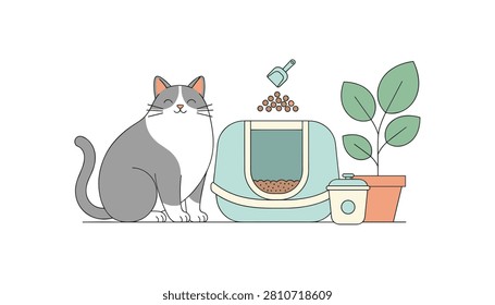 Cat care illustration featuring a cute grey and white cat sitting next to a blue litter box and a potted plant.