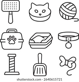 Cat Care Line Icons Set – Editable Stroke Pet Supplies, Accessories and Hygiene Symbols

