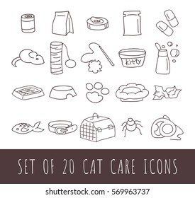 Cat care outline icon set. vector illustration.