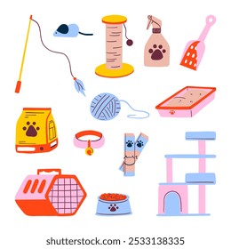 Cat Care and Playtime Essentials. A collection of 13 hand-drawn cat supplies, featuring toys, food, litter essentials, and accessories for a happy, healthy pet