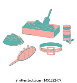 Cat care set isolated on white background. Pet related colorful vector illustration in flat cartoon style. Cat care grooming brush, feeding bowl, healing pharmacy and hygiene items and tools.