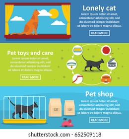 Cat care tools banner horizontal concept set. Flat illustration of 3 cat care tools vector banner horizontal concepts for web