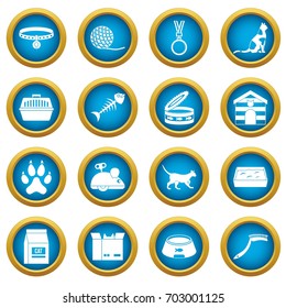Cat care tools icons blue circle set isolated on white for digital marketing