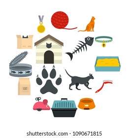 Cat care tools icons set in flat style isolated vector illustration