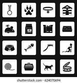 Cat care tools icons set in white squares on black background simple style vector illustration