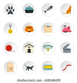 Cat care tools icons set in flat style isolated vector icons set illustration