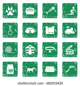 Cat care tools icons set in grunge style green isolated vector illustration