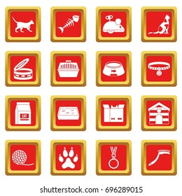 Cat care tools icons set in red color isolated vector illustration for web and any design