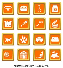 Cat care tools icons set in orange color isolated vector illustration for web and any design