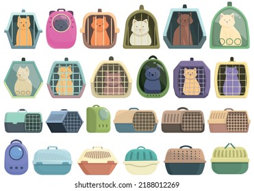 Cat Carrier Icons Set Cartoon Vector. Cage Canine. Carrier Crate