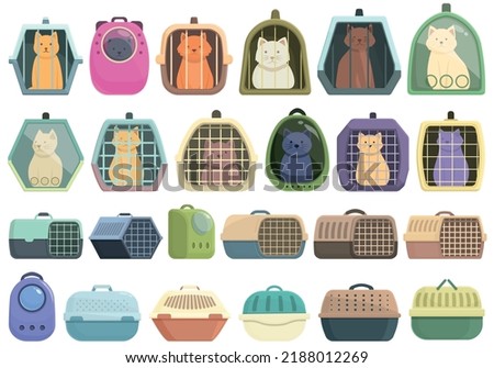 Cat carrier icons set cartoon vector. Cage canine. Carrier crate