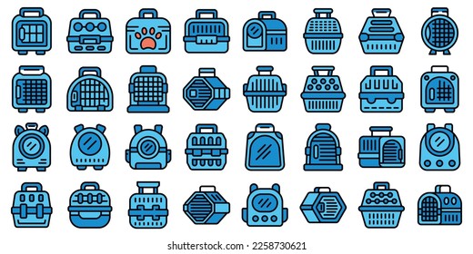 Cat carrier icons set outline vector. Cage canine. Carrier crate color line on white isolated