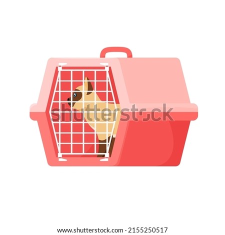 Cat in carrier. Plastic carrying case for traveling with pets or visiting veterinarian. Red cat in transportation box or kennel. Flat style vector