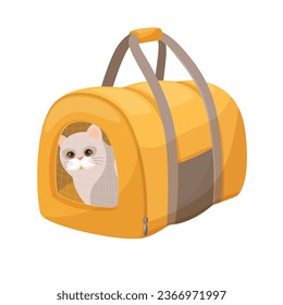Cat in a carrier. Soft bag for traveling with pets or visiting the vet. Gray cat in a transport box or cattery. Flat style vector