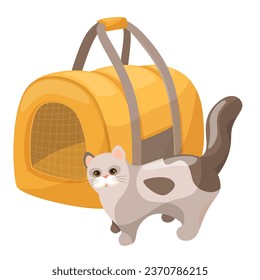 Cat in a carrier. Soft bag for traveling with pets or visiting the vet. Gray cat in a transport box or cattery. Flat style vector