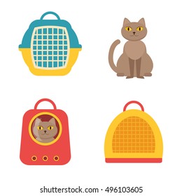 Cat carrier. Vector isolated illustration on a white background. Cartoon character. Drawing for vet clinics, pet shop.