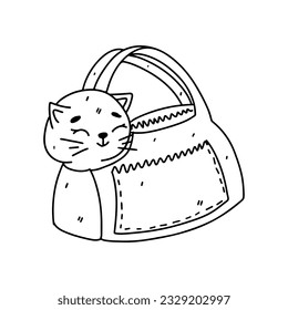 Cat in carrying bag. Hand drawn doodle style. Vector illustration isolated on white. Coloring page.
