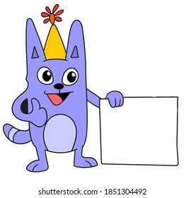 Katze trägt eine leere Tafel für Textvorlagen. Doodle-Symbol ziehen. Cartoon-Doodle-Aufkleber