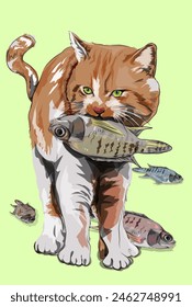 a cat carrying a fish in its mouth on a bright green background