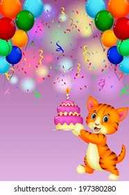 Cat cartoon with birthday cake