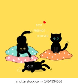 Cat cartoon character .Black kitten hand drawn with red hearts, cute animal on yellow background. Vector illustration
