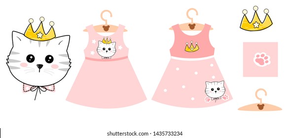 Cat cartoon character, Cute kitten head wearing a crown isolated on white background vector illustration. cute cartoon animal for kids wear fashion or baby shower card.